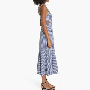 Tibi Fluted Cutout Stripe Twill Midi Dress